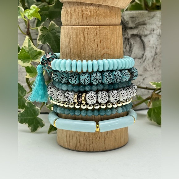 Blue Boho Chic Bead Bracelet Set - Trendy Stylish Stacked Bracelet Set - Picture 5 of 14